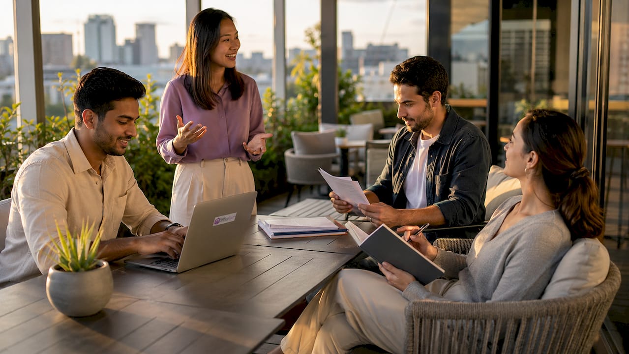 Team working together in open plan office
