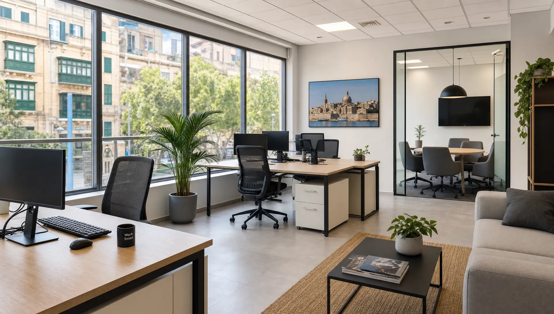 A bright furnished office in Malta with workstations, ergonomic chairs, a small meeting area, plants and natural light from large windows overlooking an urban street.