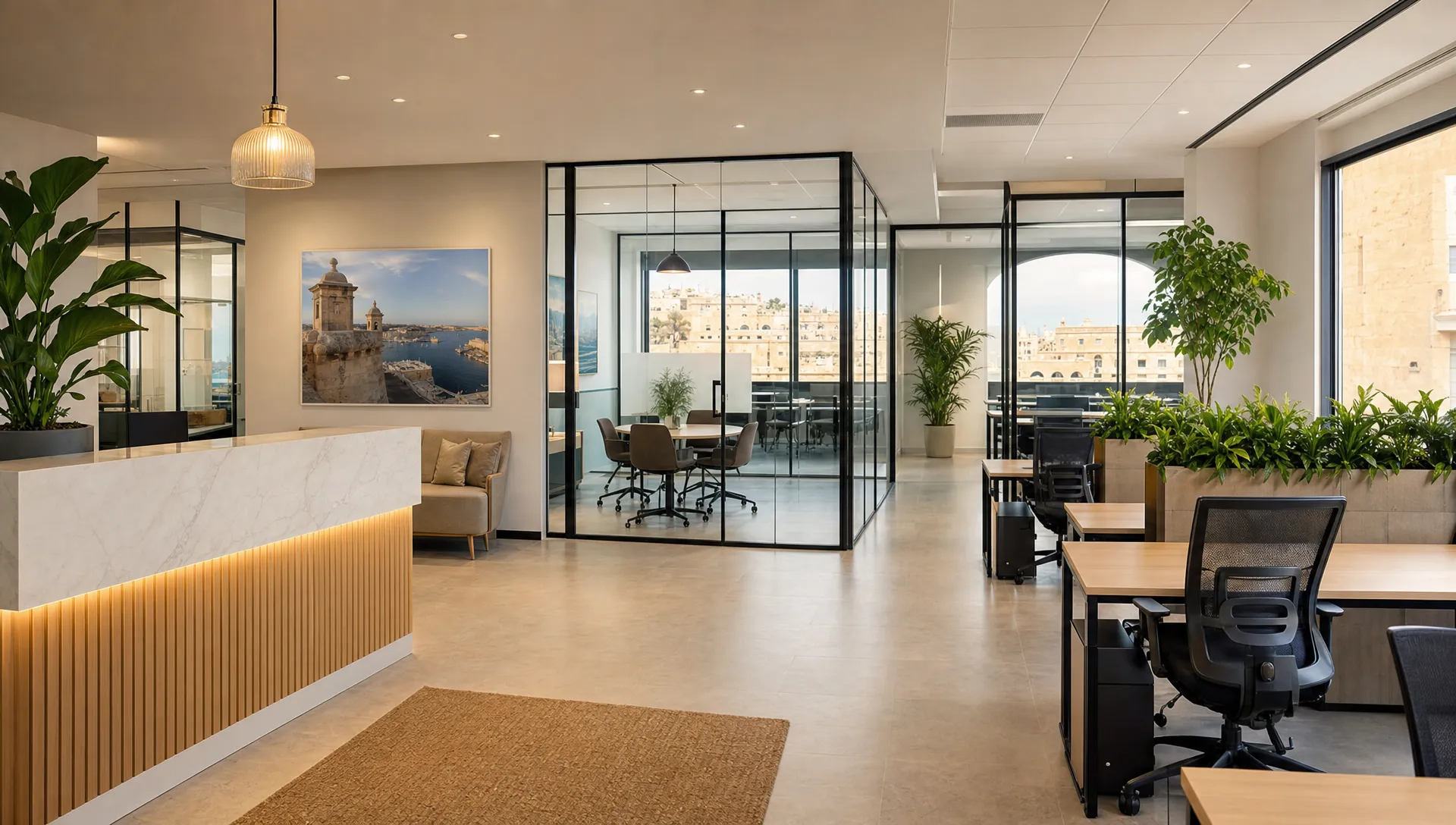 A bright furnished serviced office in Malta with private desks, glass meeting rooms, a reception area, plants and natural light, showing a professional ready-to-use workspace without visible screens.