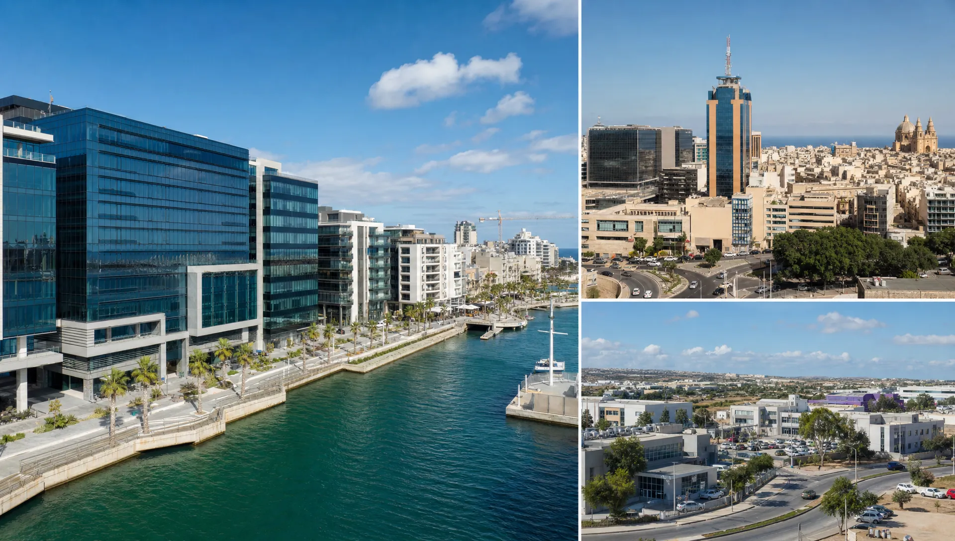 A broad view of Maltese business districts with waterfront offices, central office blocks and smaller commercial buildings spread across different areas, showing how companies compare locations before renting workspace.
