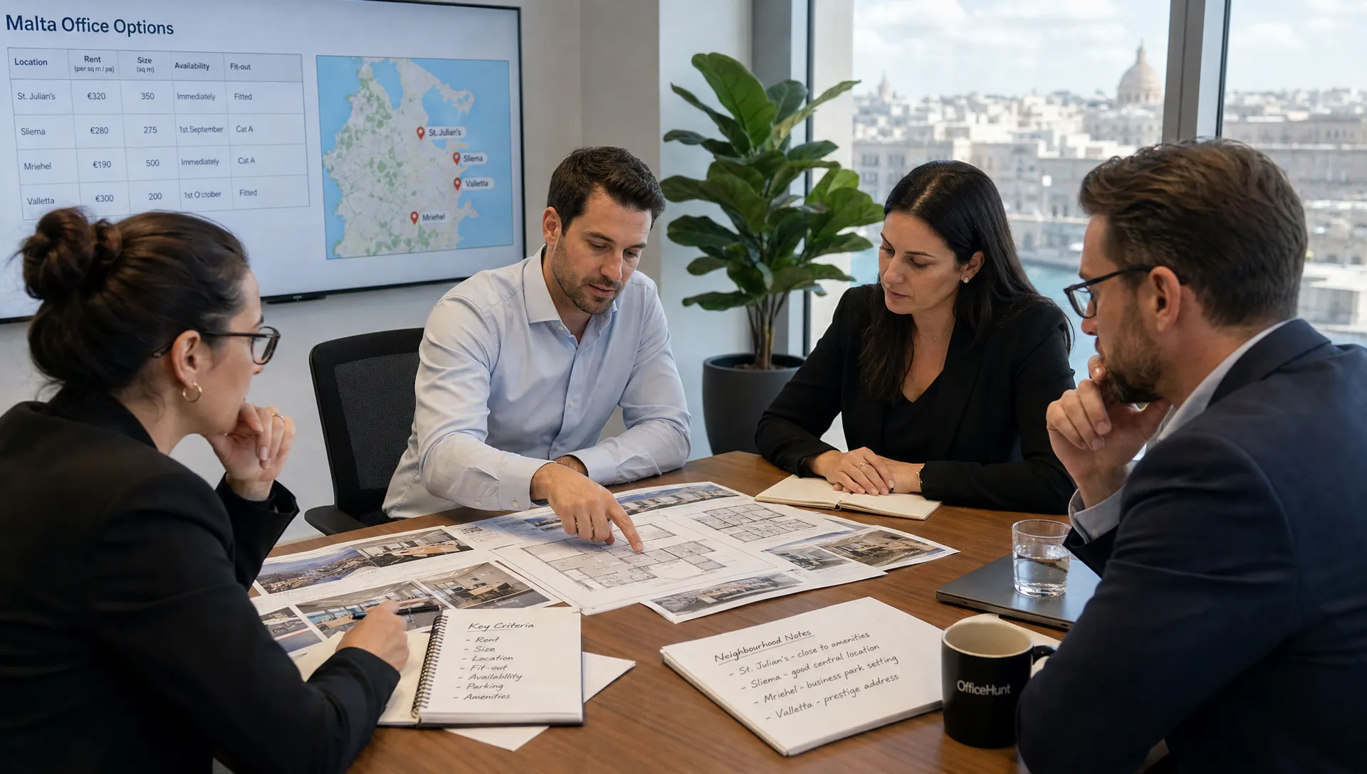 A business team reviewing Malta office listing printouts, floor plans, and neighbourhood notes around a meeting table while comparing rent, size, location, and fit-out details.