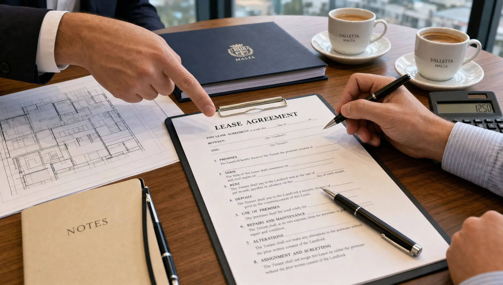 A close-up view of a Malta office meeting table with a lease contract, floor plans, a calculator, pens and coffee cups, suggesting a clause-by-clause review before signing.