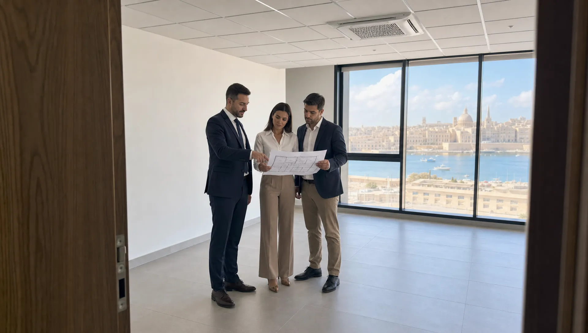 A commercial office viewing in Malta, with a property adviser and two business managers standing near the window in a bright empty office while reviewing a floor plan on paper, seen from the doorway.