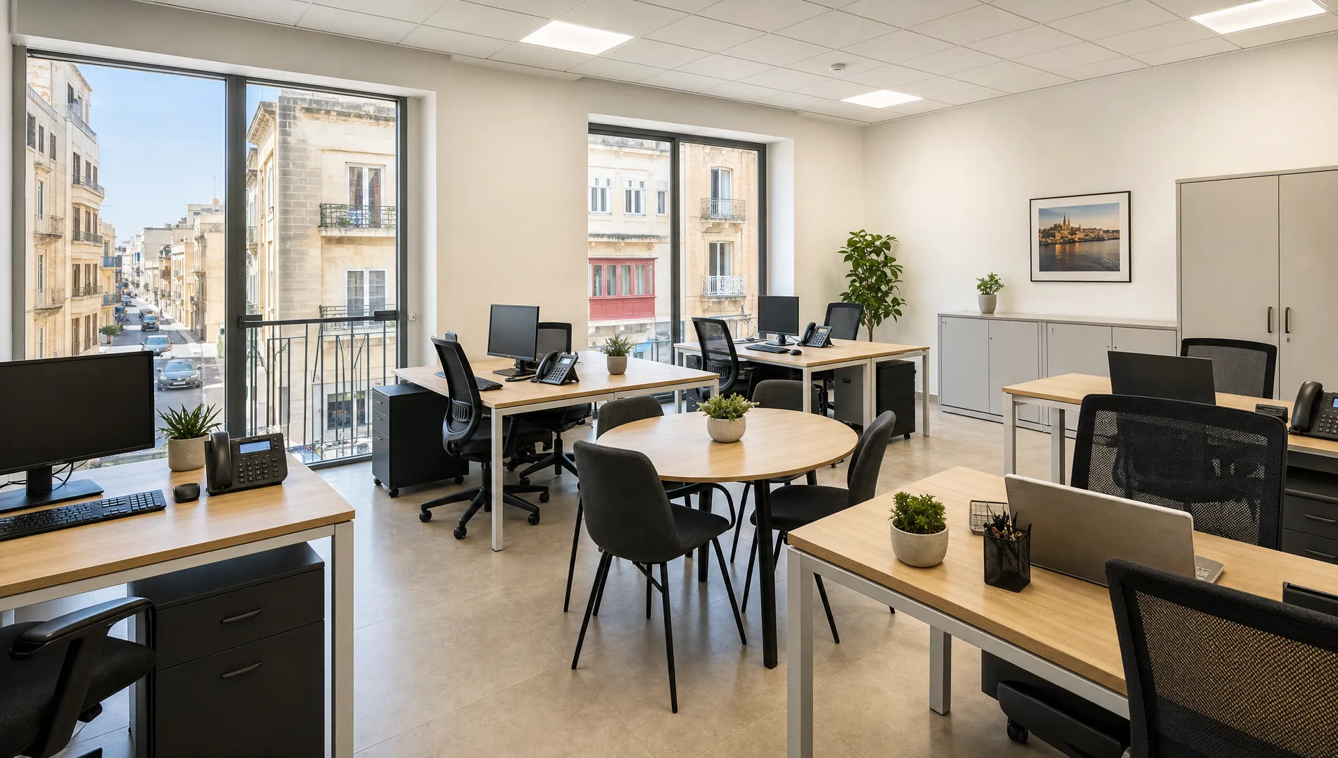 A compact office in Malta with six desks, a small meeting table, storage cabinets, natural light and a view onto a typical urban street, arranged for a lean professional team.