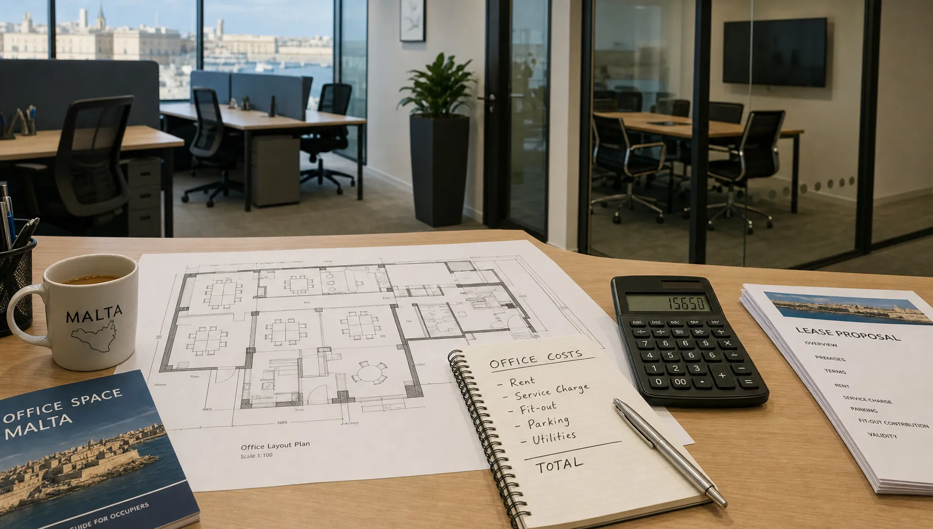 A compact office planning scene in Malta with a printed floor plan, a calculator, notes for rent, service charge, fit-out, parking and utilities, and a partial view of workstations and a meeting room in the background.