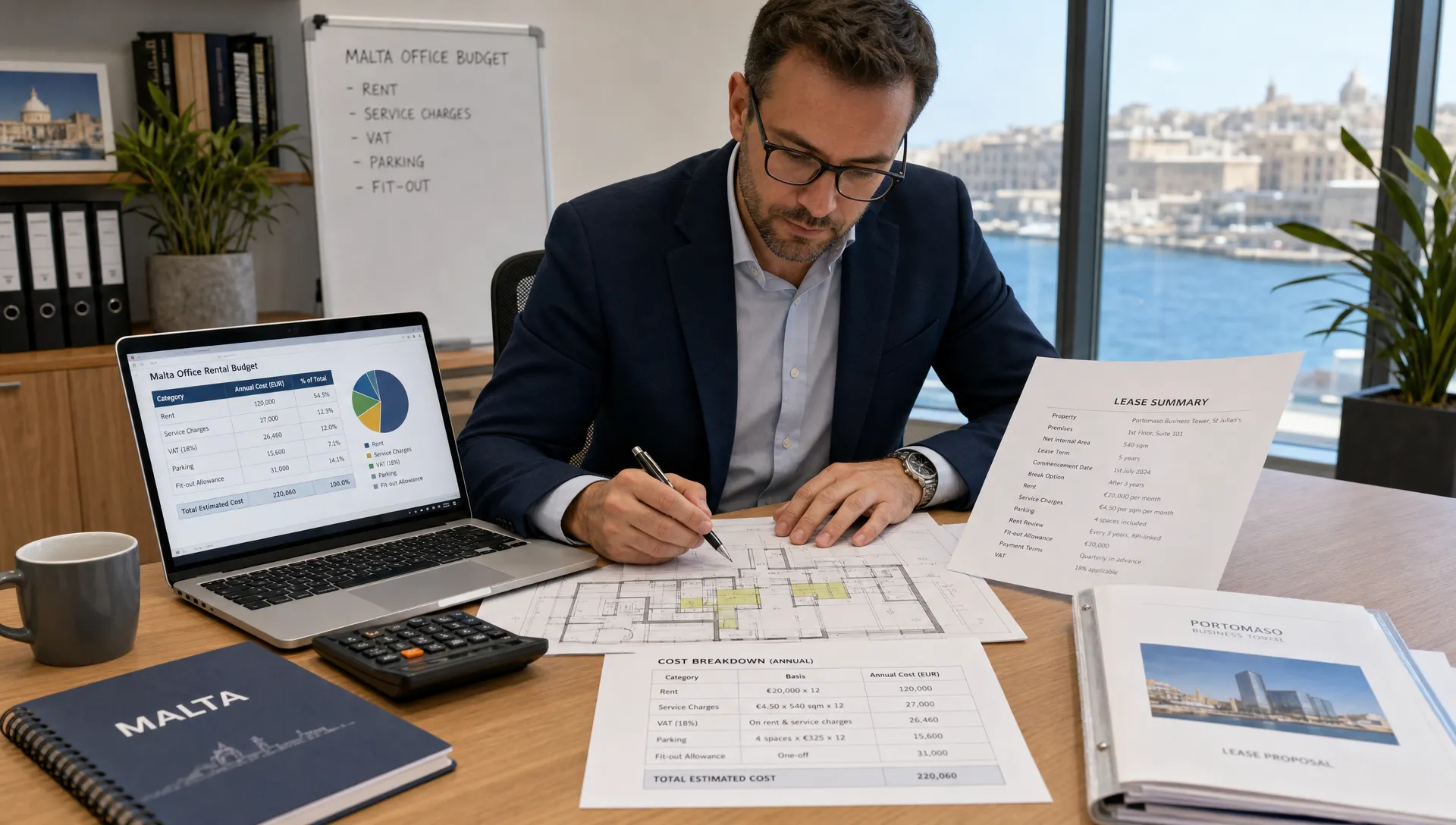 A finance manager reviewing a Malta office rental budget at a desk with a floor plan, calculator, printed lease summary and highlighted cost categories for rent, service charges, VAT, parking and fit-out.
