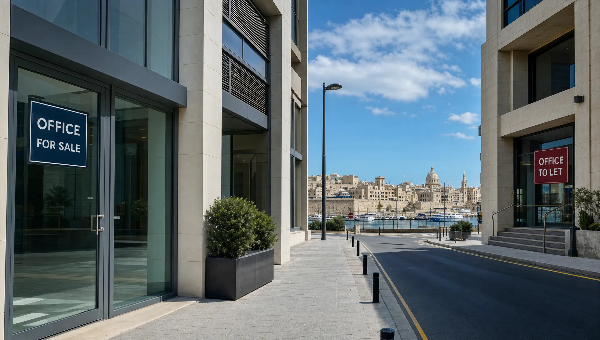 A Malta business district street with modern office buildings, one entrance showing an office for sale sign and another showing an office for rent sign, with harbour architecture in the background.