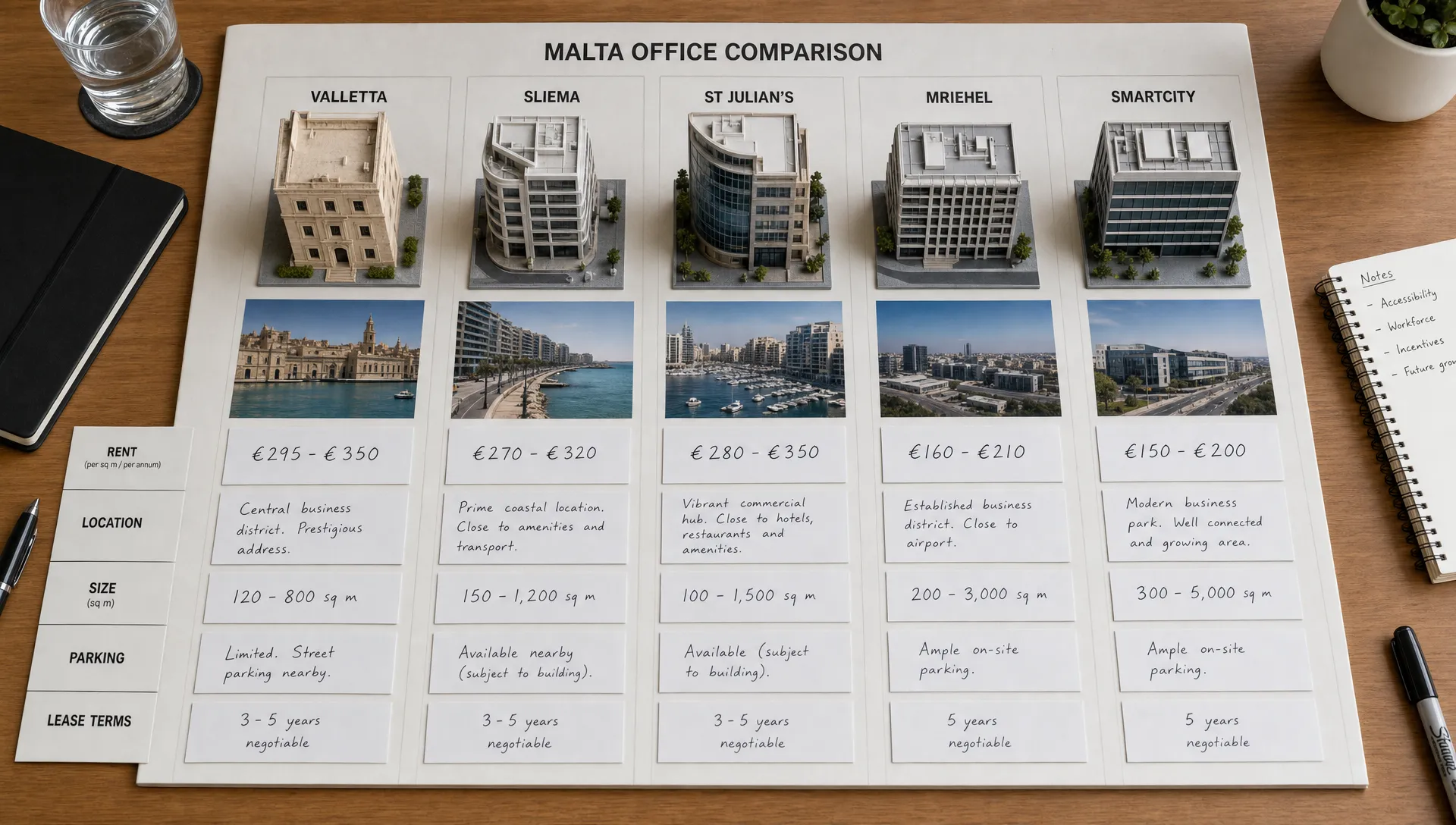 A Malta office comparison board laid out on a table with printed notes for rent, location, size, parking and lease terms beside small model buildings representing different business districts, seen from overhead in a quiet indoor setting.