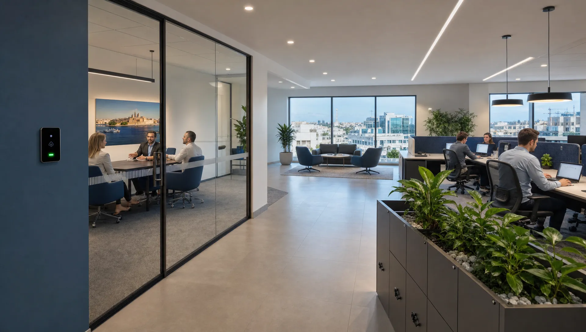 A modern Malta office interior arranged for different industries, with private meeting rooms, collaborative desks, secure access points and views of a Mediterranean business district.