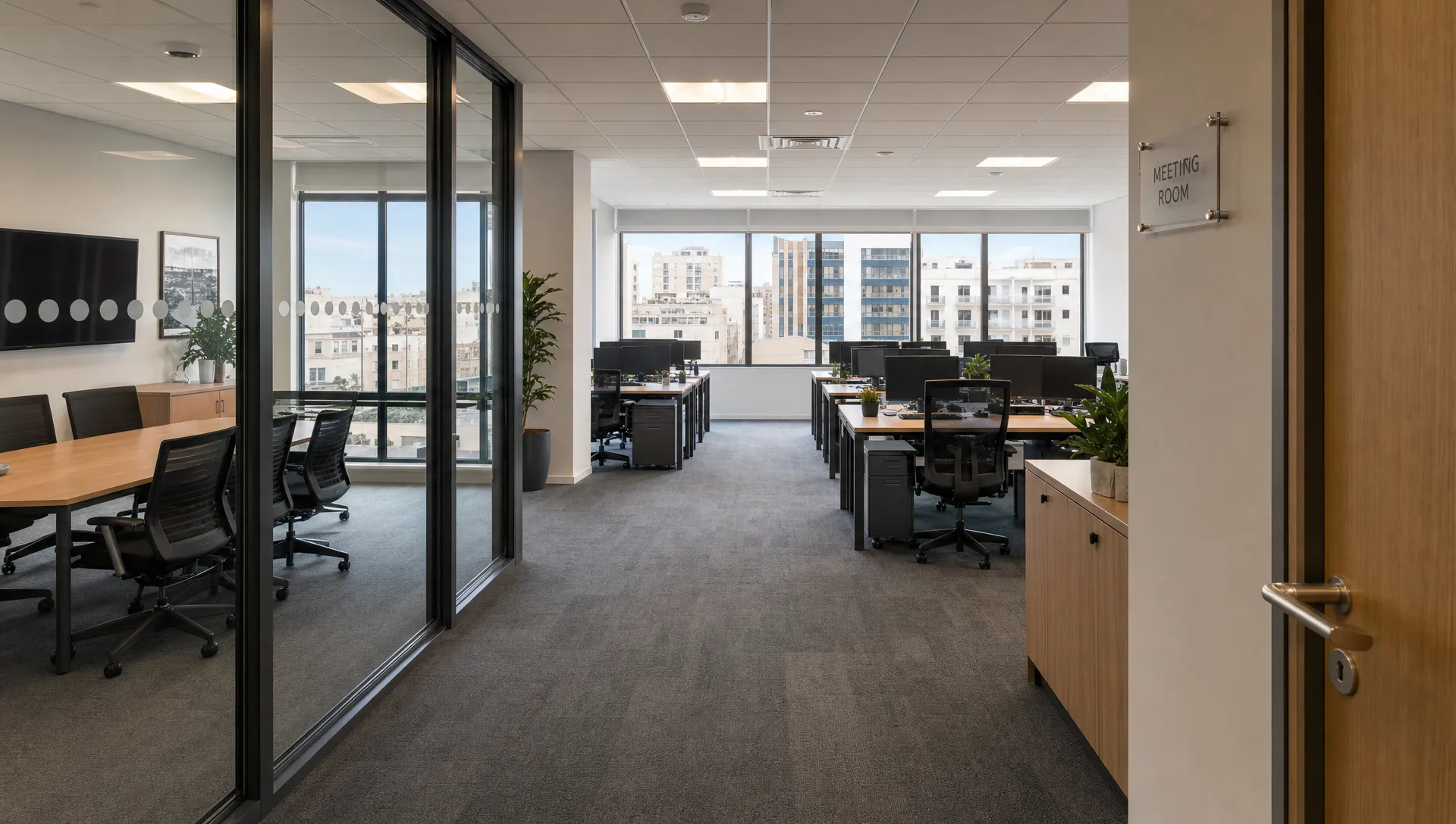A modern Malta office interior with meeting rooms, workstations and natural light, seen from the doorway with urban commercial buildings visible through the windows, showing a practical workspace prepared for a growing business team.