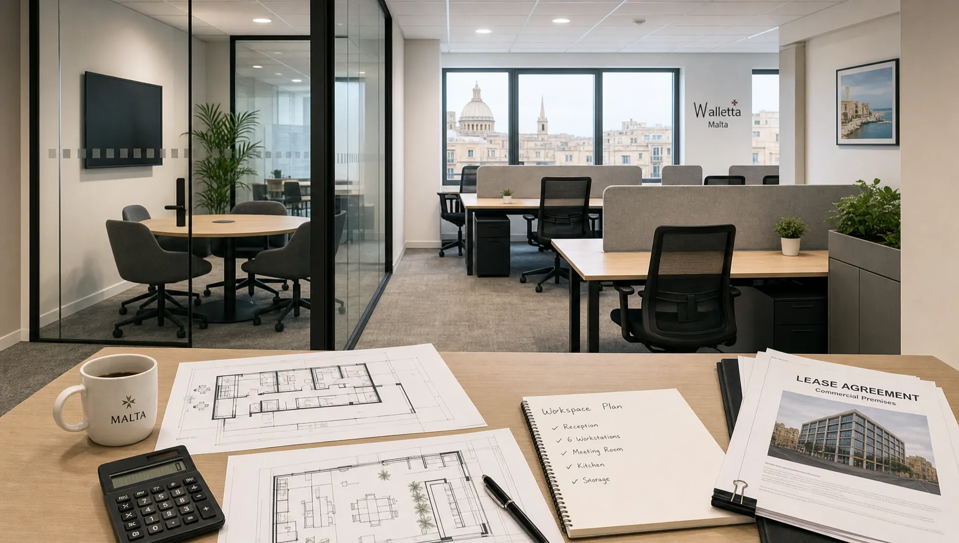 A modern Malta office interior with modular desks, a small meeting room, floor plans, lease documents, and a calculator on a table, showing a practical workspace planning process.