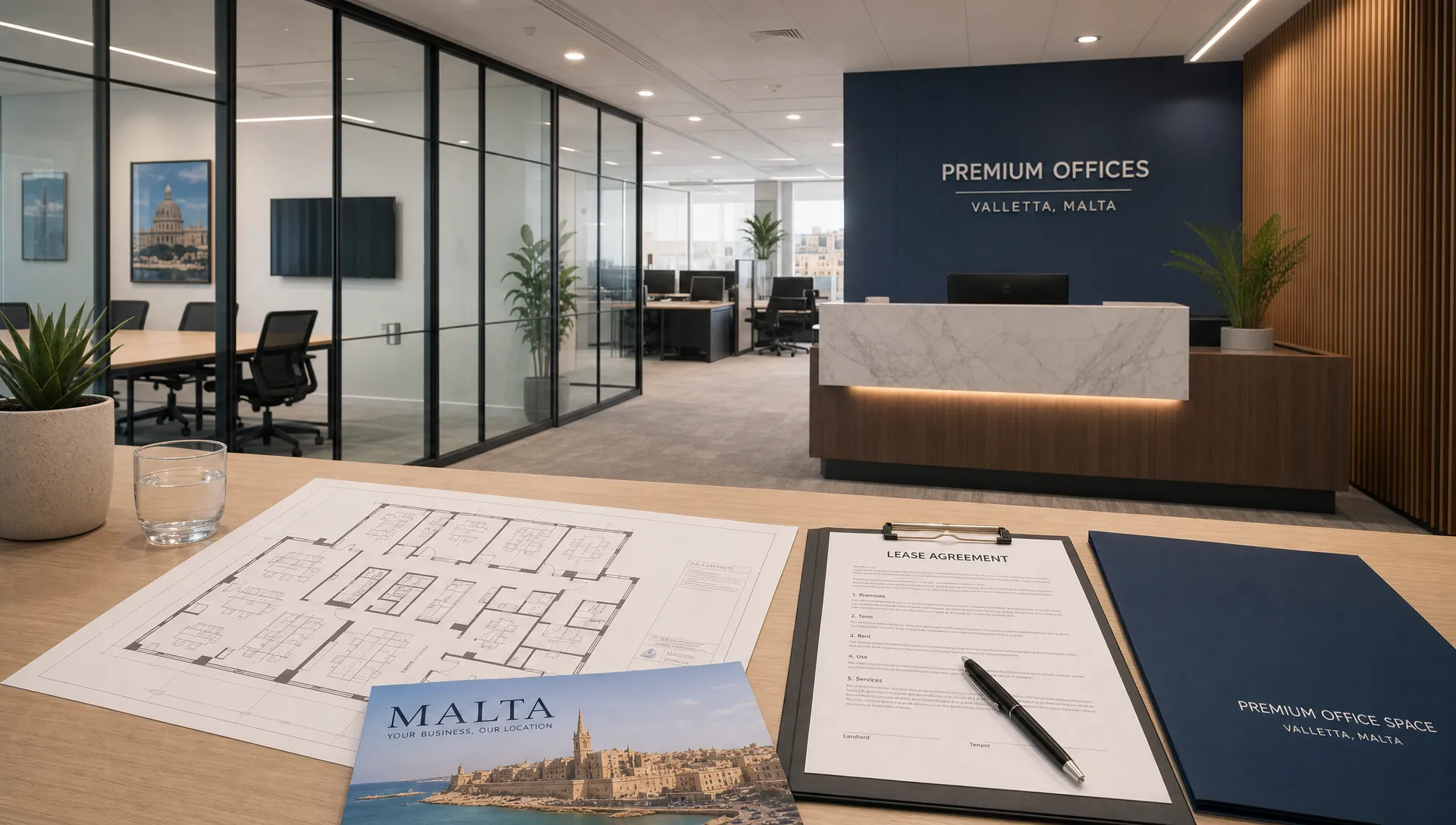 A modern Malta office reception area with glass meeting rooms, desks, a floor plan and lease documents laid out on a table for tenant review.