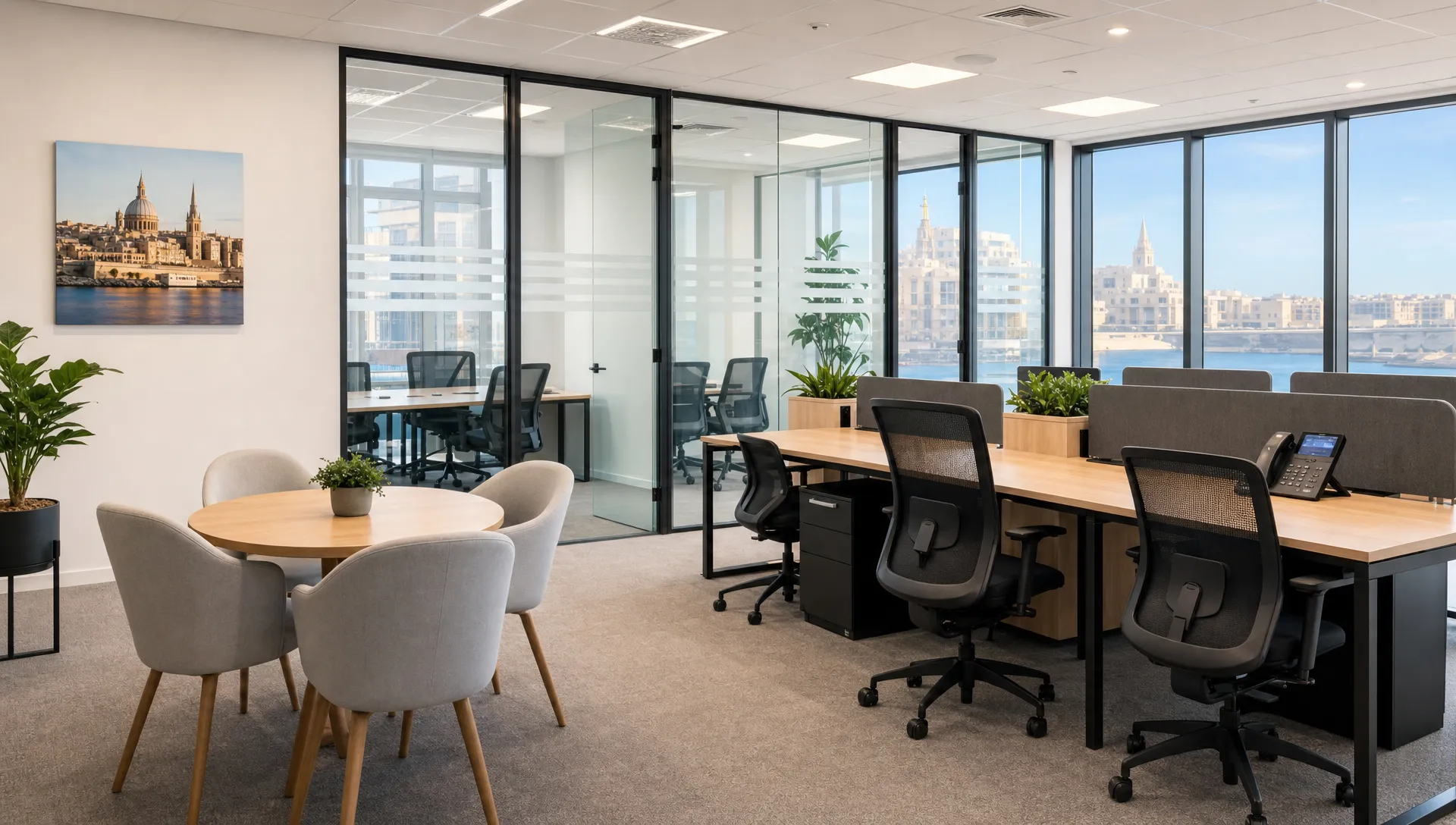 A modern serviced office suite in Malta with private glass-walled rooms, a small meeting area, desks prepared for a growing business team, and natural daylight coming through large windows.