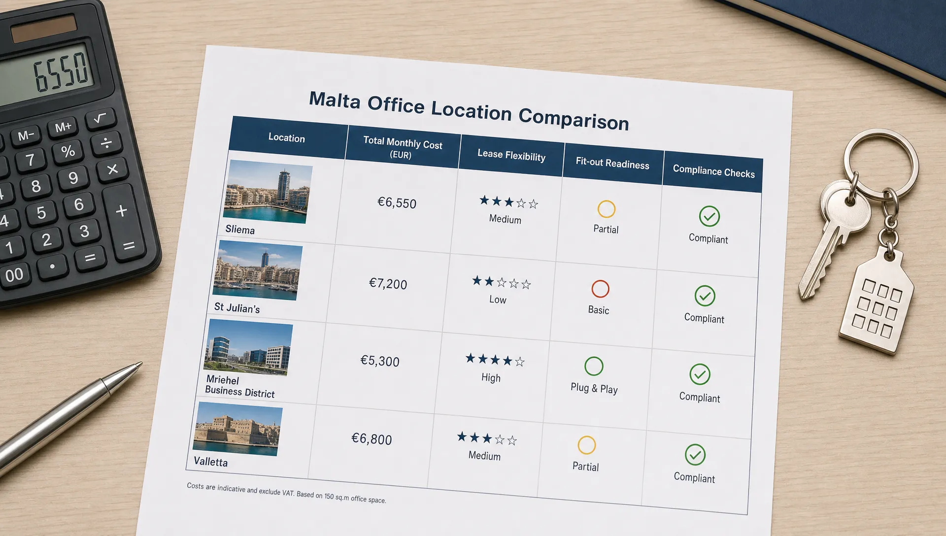 A printed comparison sheet on a desk showing columns for Malta office locations, total monthly cost, lease flexibility, fit-out readiness and compliance checks, with a calculator, pen and building keys beside it, seen from above on a clean meeting table.