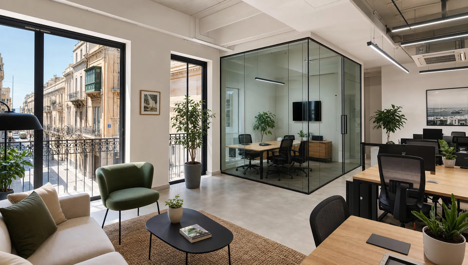 A private office suite in Malta with a glass meeting room, desks for a growing team, soft seating for informal discussions, natural light and a view towards an urban Mediterranean street.