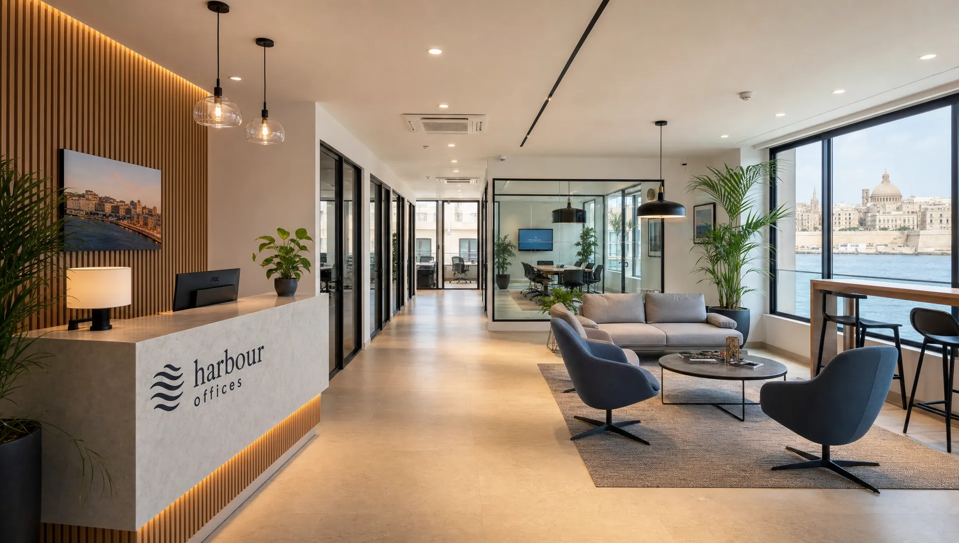 A serviced office reception in Malta with private office rooms, a shared lounge area, meeting rooms, indoor plants and natural light through large windows.