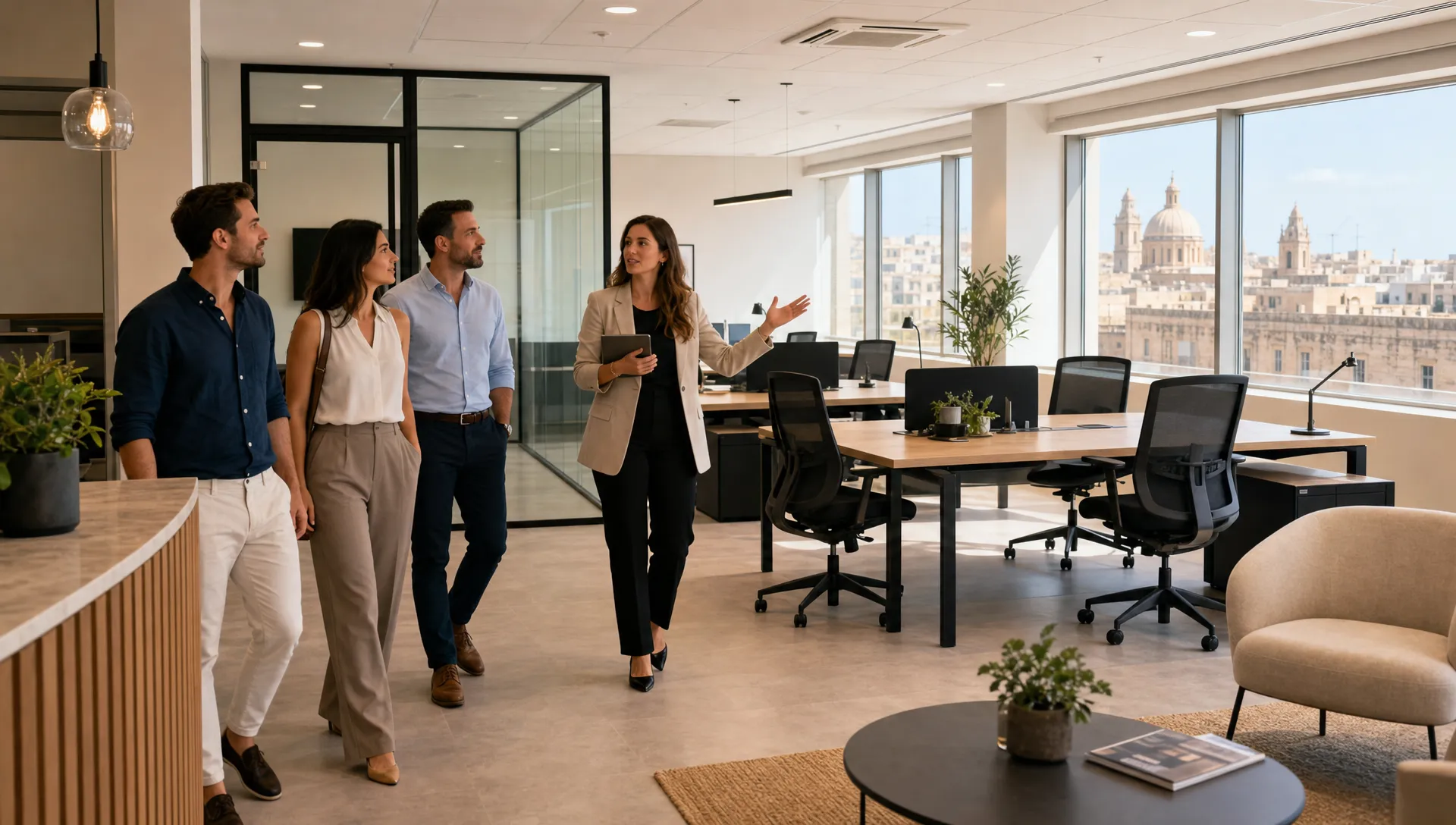 A small business team and an agent touring a furnished office in Malta, looking at desks, meeting rooms and the layout from the entrance of the workspace.
