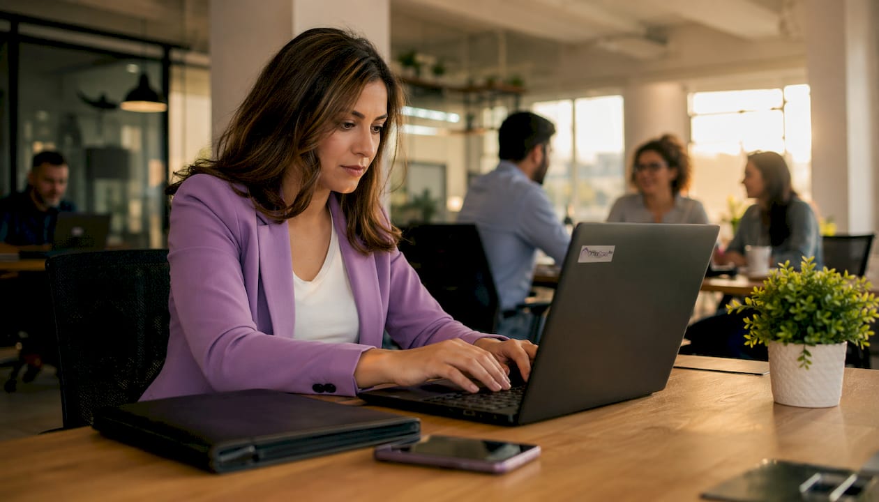 Businesswoman typing in Sliema coworking office