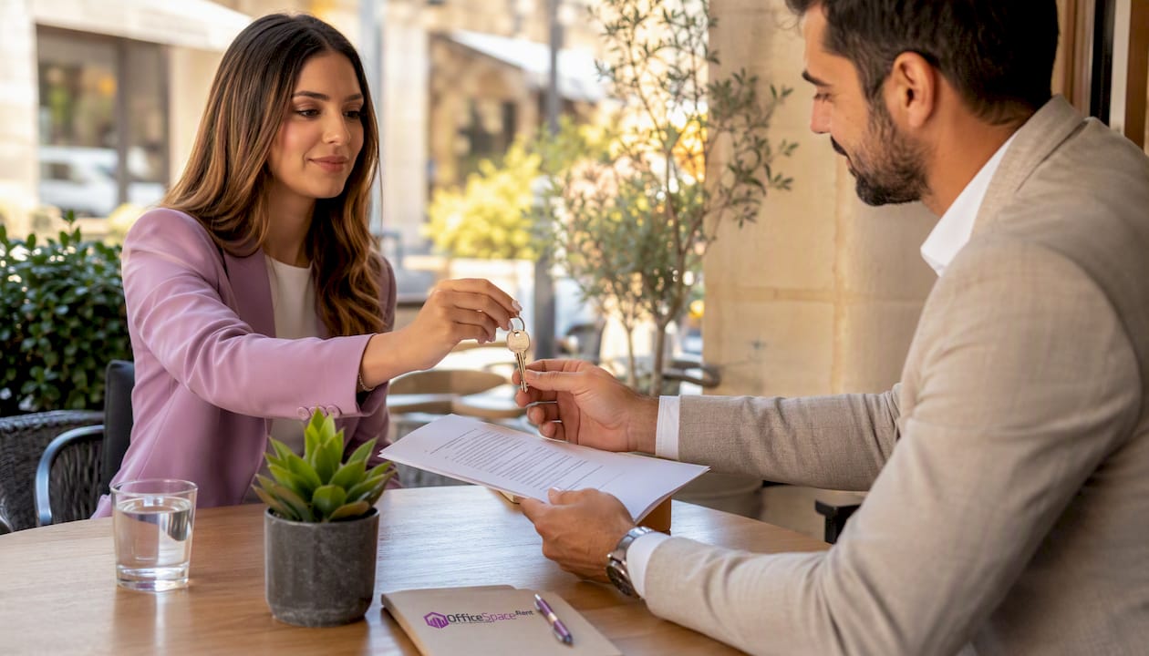 Hands exchanging keys and contract in Sliema café