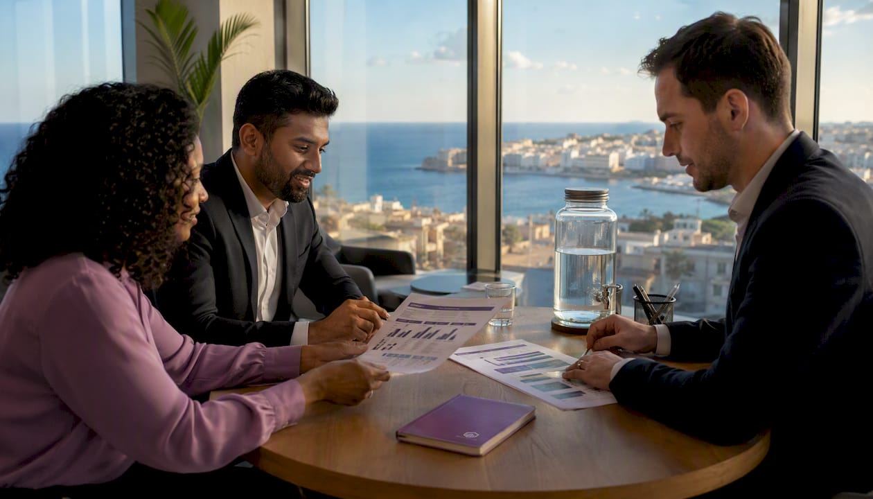 Business team examining office comparison charts