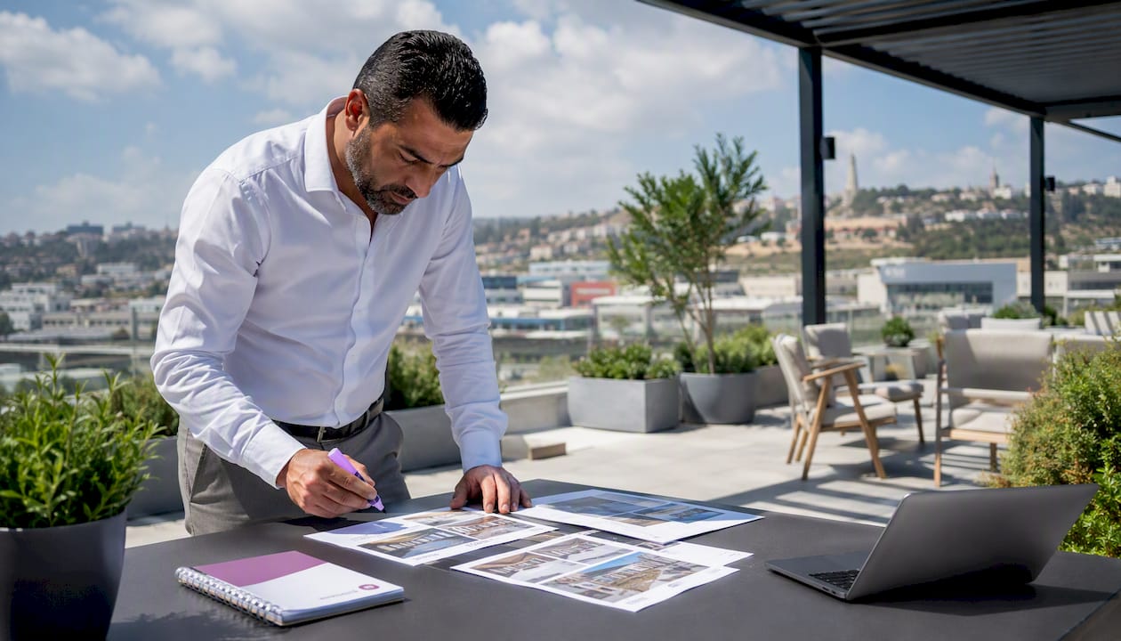 Agent reviewing Malta office space listings at desk