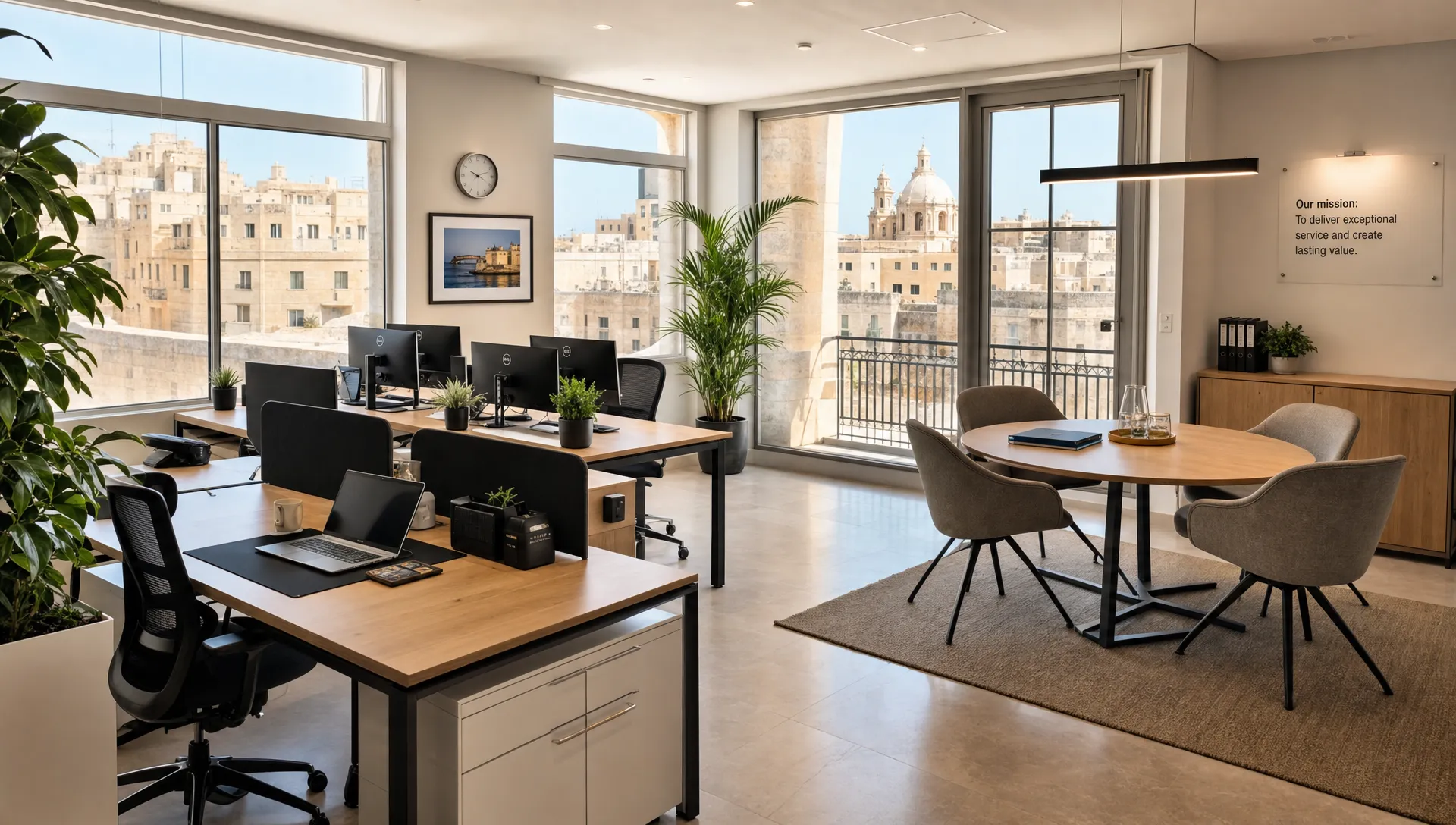 A bright Malta office interior with desks, a small meeting area, natural light, indoor plants and views of limestone buildings outside, shown from a wide angle to emphasise the full workspace.