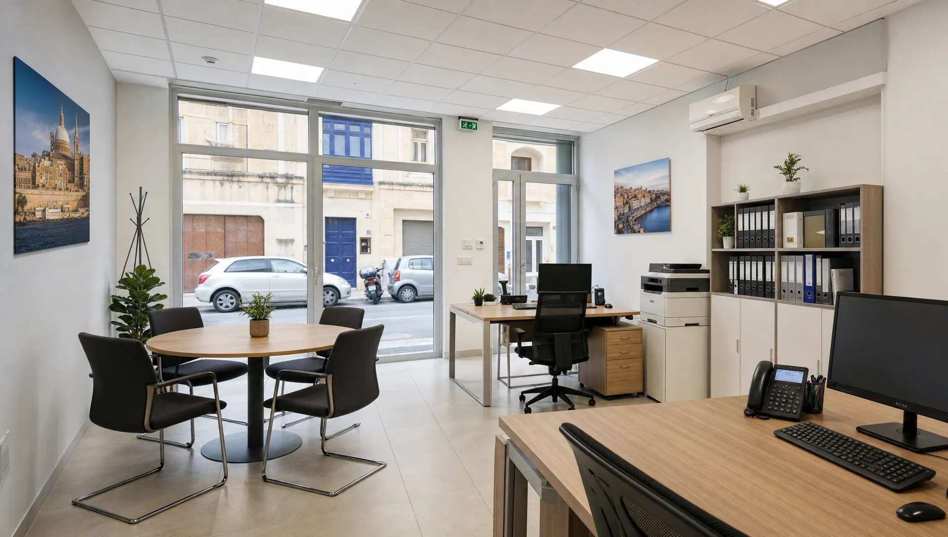 A bright Malta office with desks, a small meeting area, storage and street access visible through the windows.
