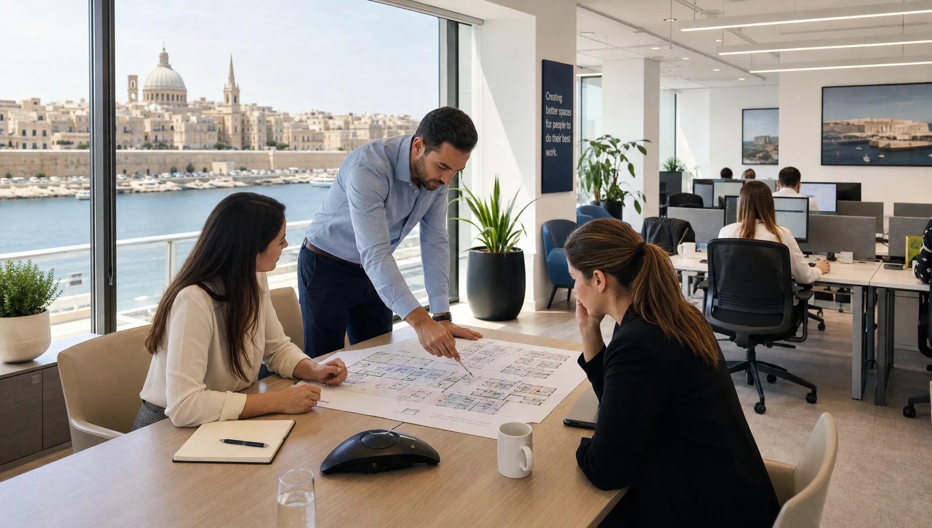 A bright Malta office with meeting tables, workstations and floor plans laid out for a relocation discussion.