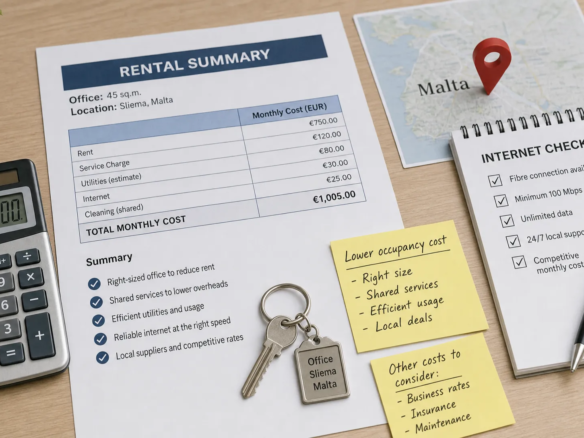 A calculator, keys and rental summary highlight the practical costs of office space in Malta.