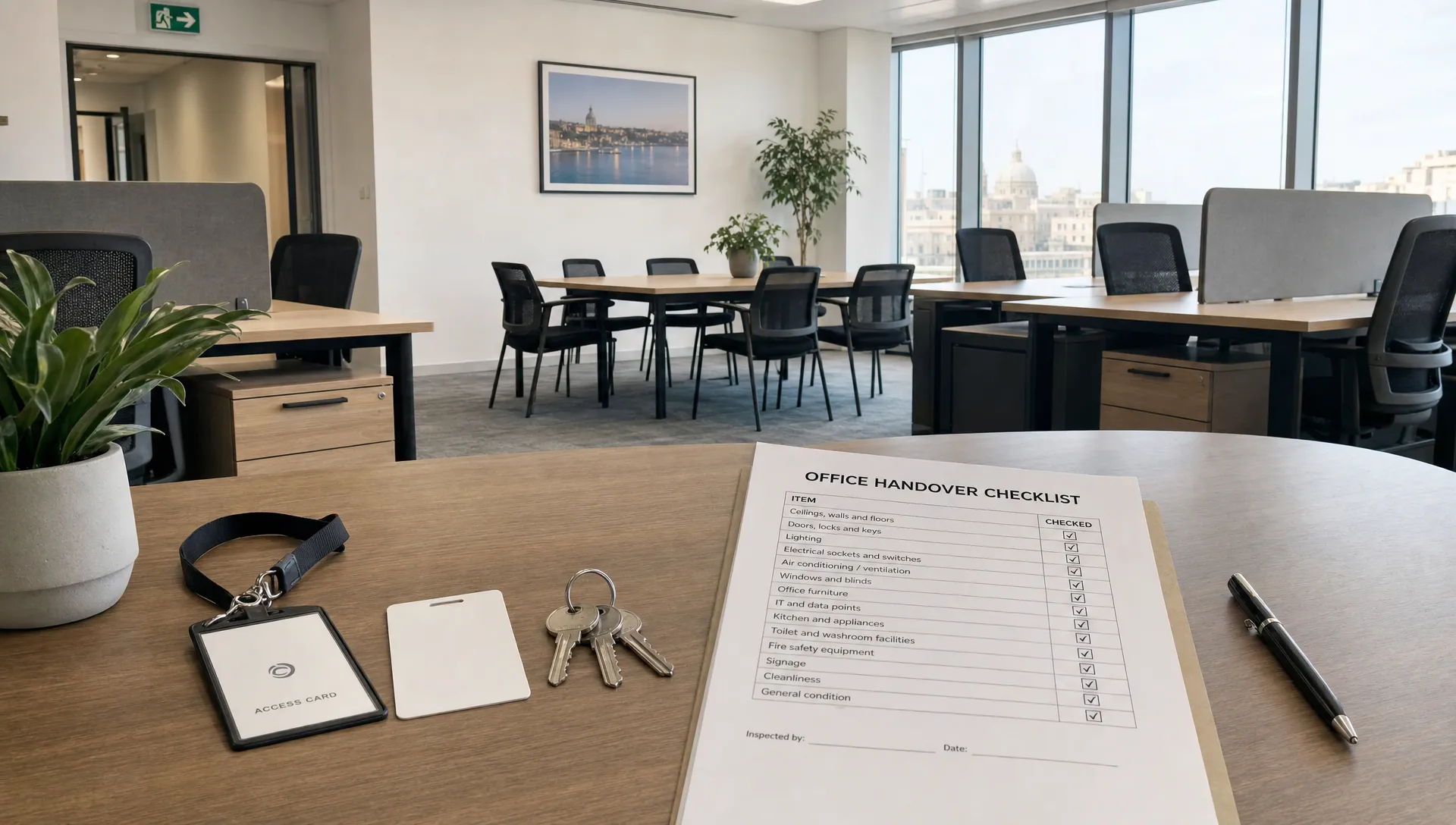 A furnished Malta office checked before move-in, with desks, chairs, a meeting table, access cards, keys and a printed handover checklist laid out for inspection.