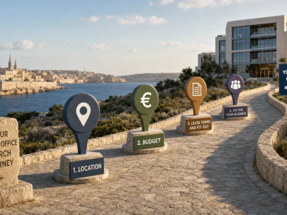 A Malta office search path passes through location, budget, lease terms and fit-out checkpoints.