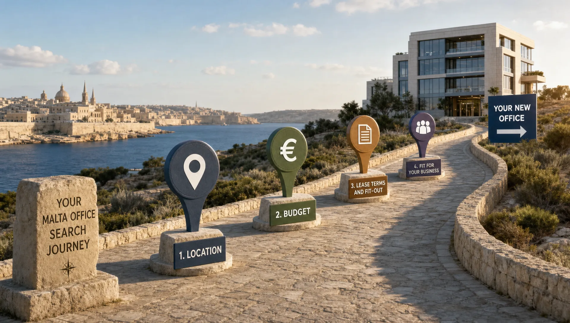 A Malta office search path passes through location, budget, lease terms and fit-out checkpoints.