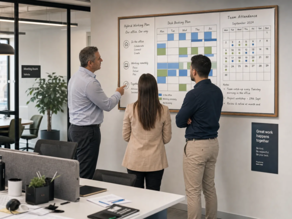 A manager and two team members review a hybrid office plan beside desks and a booking board in a Malta office.