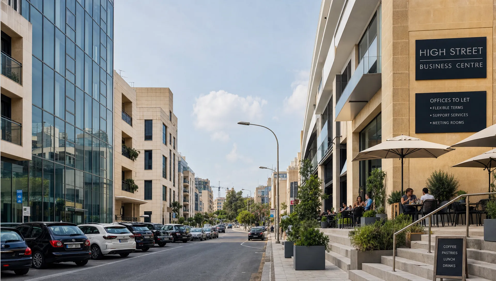 A modern commercial office street in Malta with limestone façades, glass office buildings, parked cars and a small terrace café, suggesting a business district where companies compare rental options.