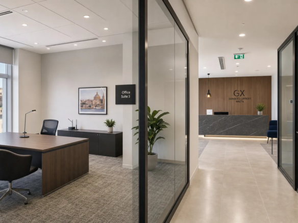 A serviced office centre in Malta shows one enclosed private suite beside a corridor and meeting room signs.
