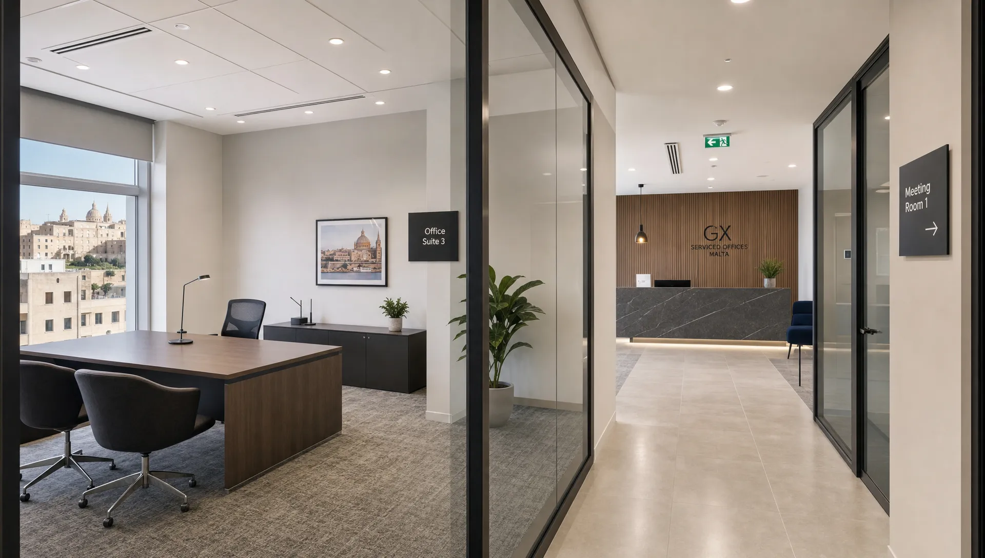 A serviced office centre in Malta shows one enclosed private suite beside a corridor and meeting room signs.