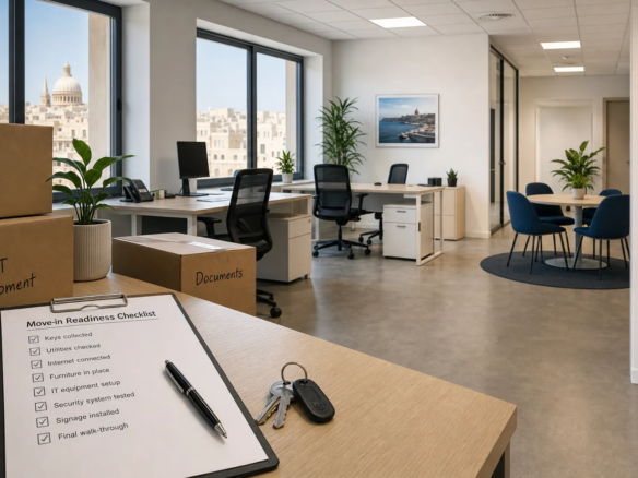Boxes, a checklist and finished desks suggest the move from inspection to a ready furnished office in Malta.