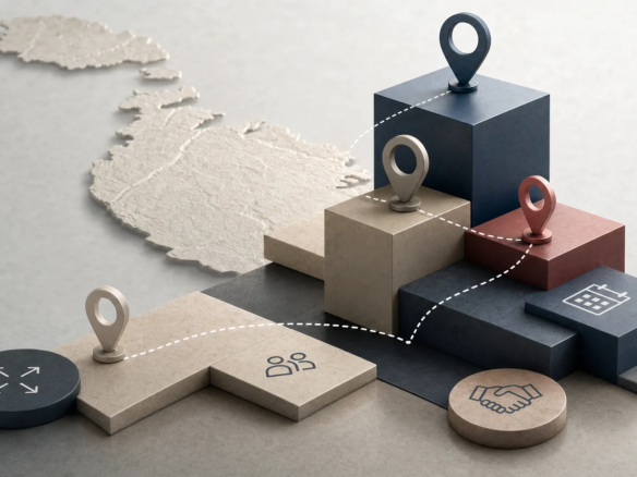 Layered shapes and location markers suggest a structured office shortlist in Malta.