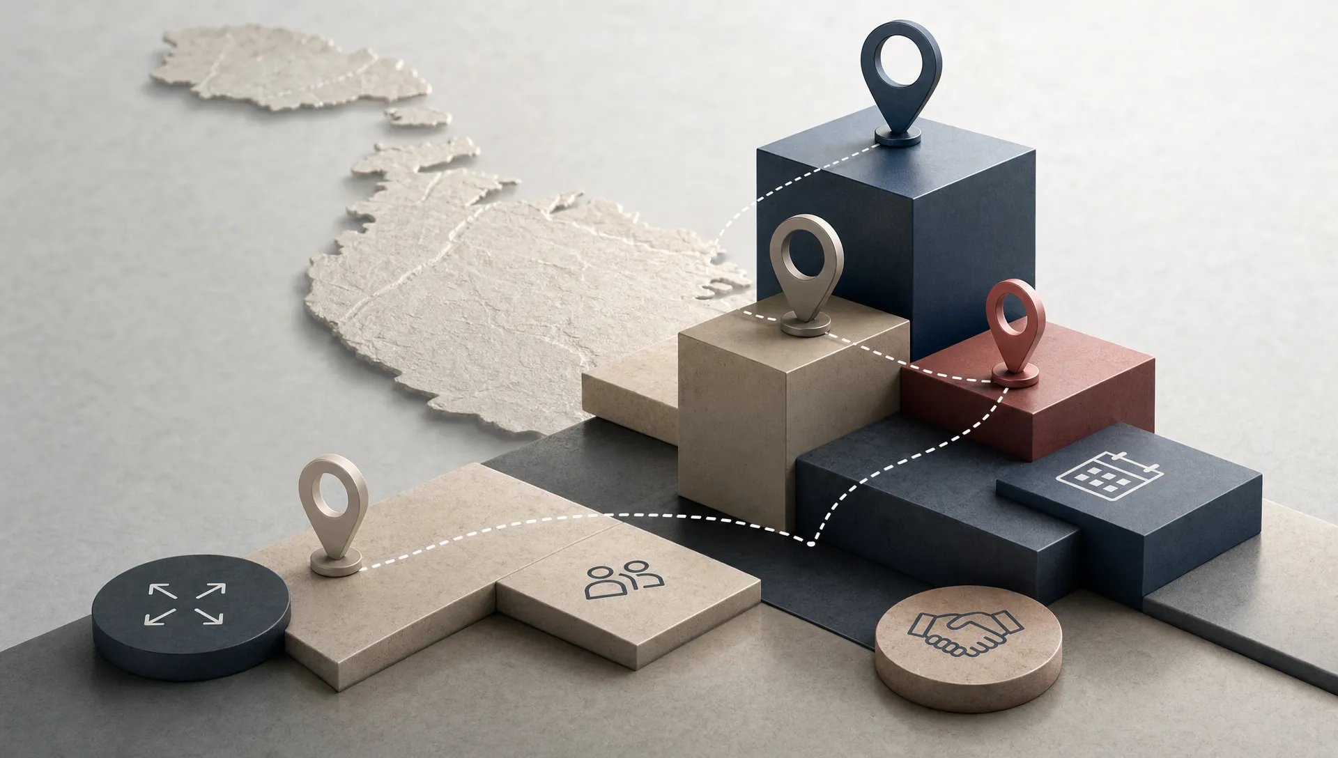 Layered shapes and location markers suggest a structured office shortlist in Malta.