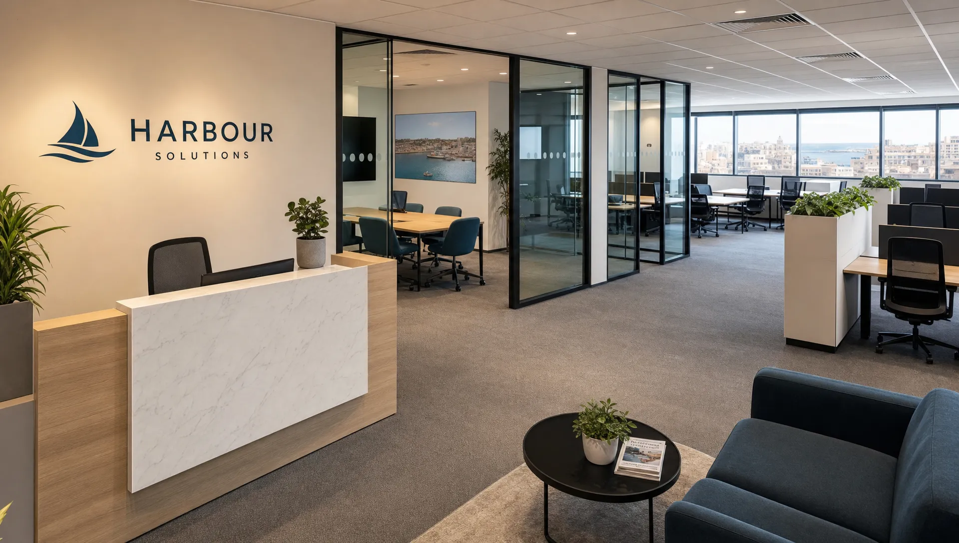 Modern business office in Malta with open work areas, private meeting rooms, natural light, and a small reception space designed for a growing professional team, shown from a slightly elevated corner view with the reception in the foreground and meeting rooms deeper inside.