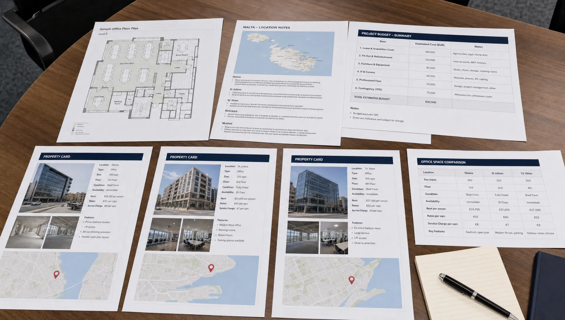 Printed Malta office floor plans, location notes, budget sheets and property cards are spread across a meeting table for comparison.