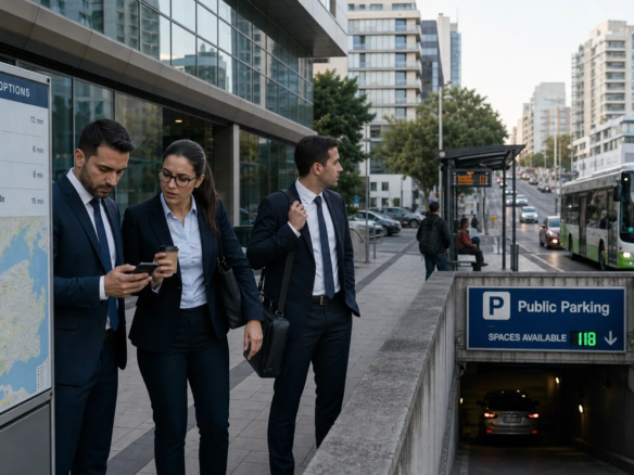 Three business people outside a Malta office building compare commute options beside a map stand and bus stop. Office Space to Rent Near Me in Malta