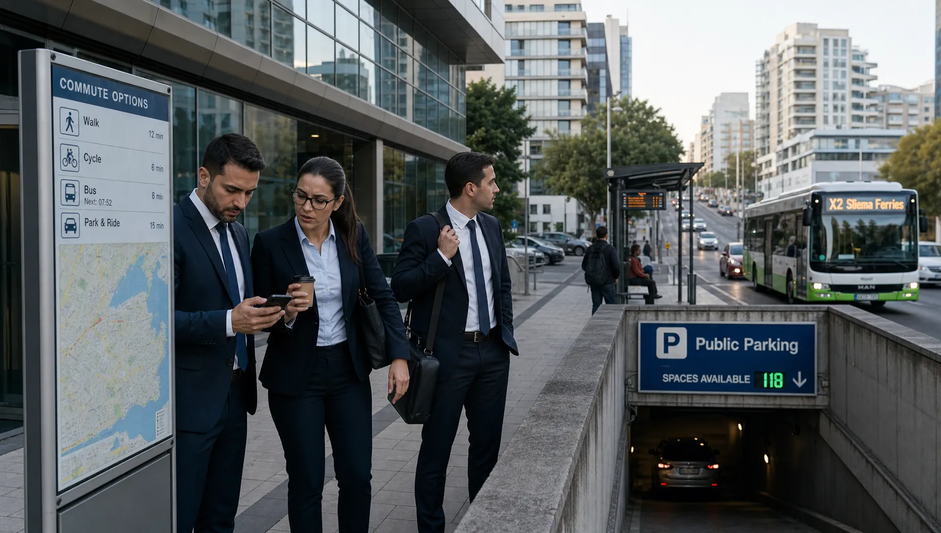 Three business people outside a Malta office building compare commute options beside a map stand and bus stop. Office Space to Rent Near Me in Malta