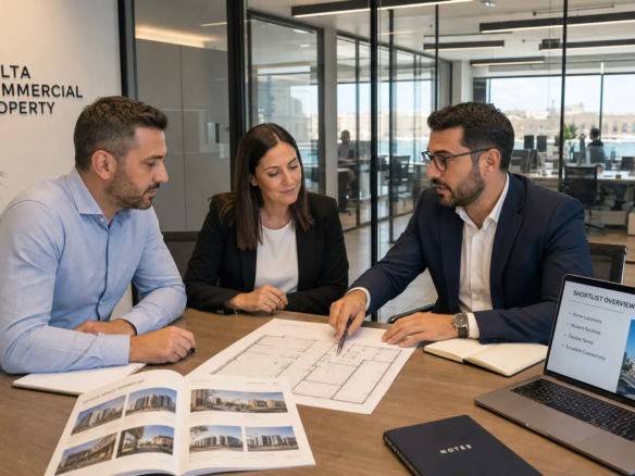A business team reviews office options in a Malta meeting room before booking viewings.