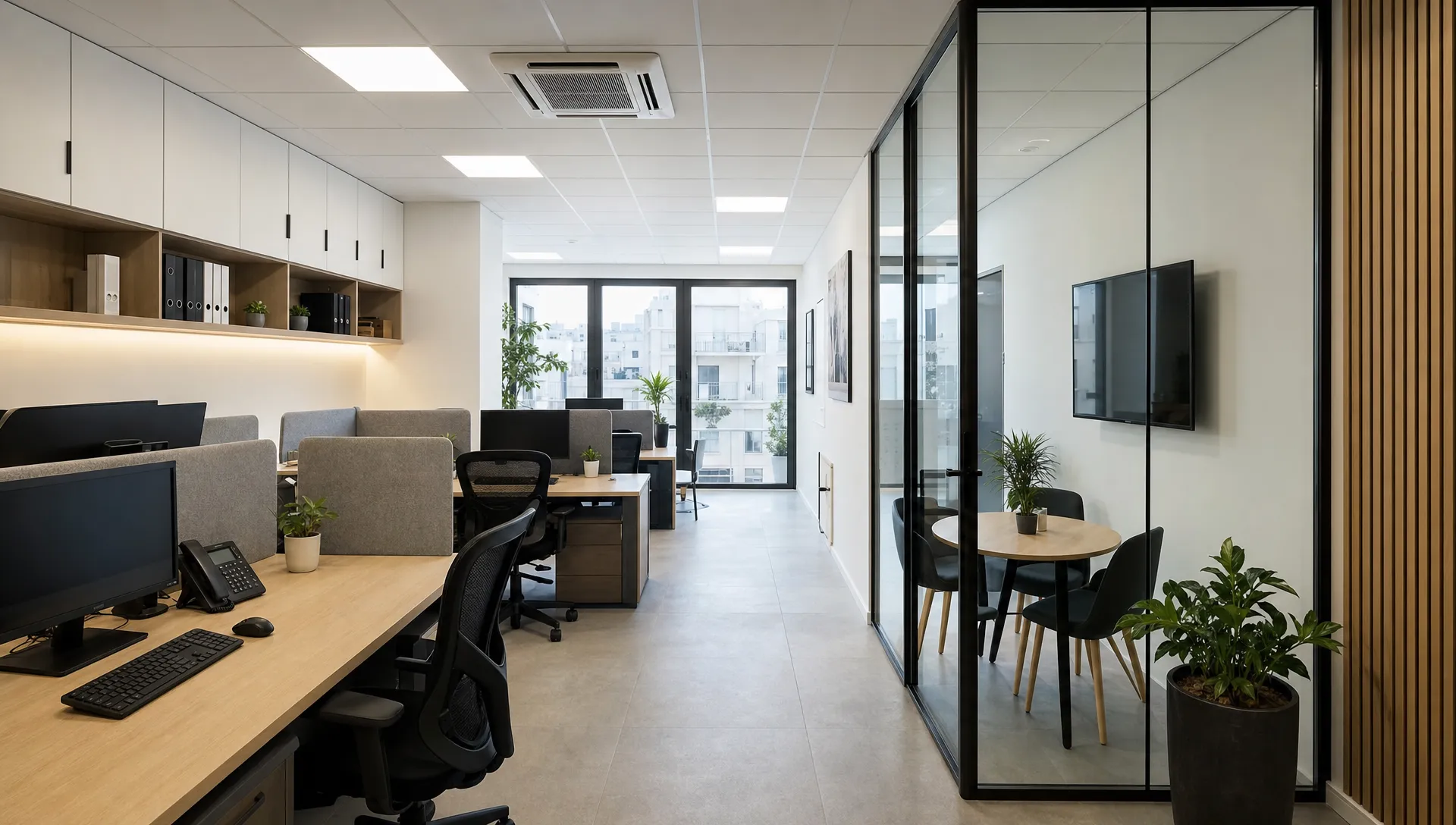 A compact Malta office suite with glass partitions, wall storage, bench desks and a small meeting pod shows efficient use of space.