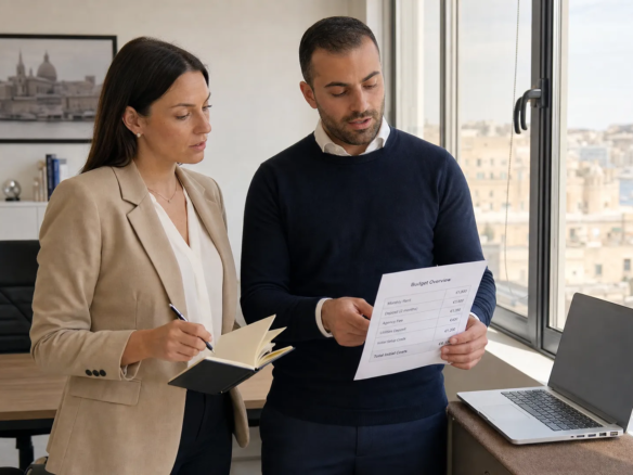 A founder and office manager discussing a single office rental in Malta beside a laptop and budget sheet.