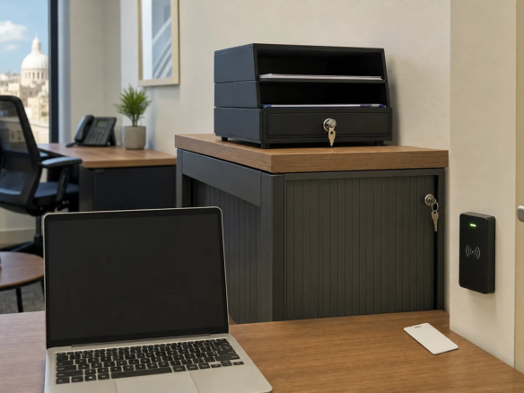 A lockable cabinet, document tray and access reader in a Malta private office suite show the security side of office selection.