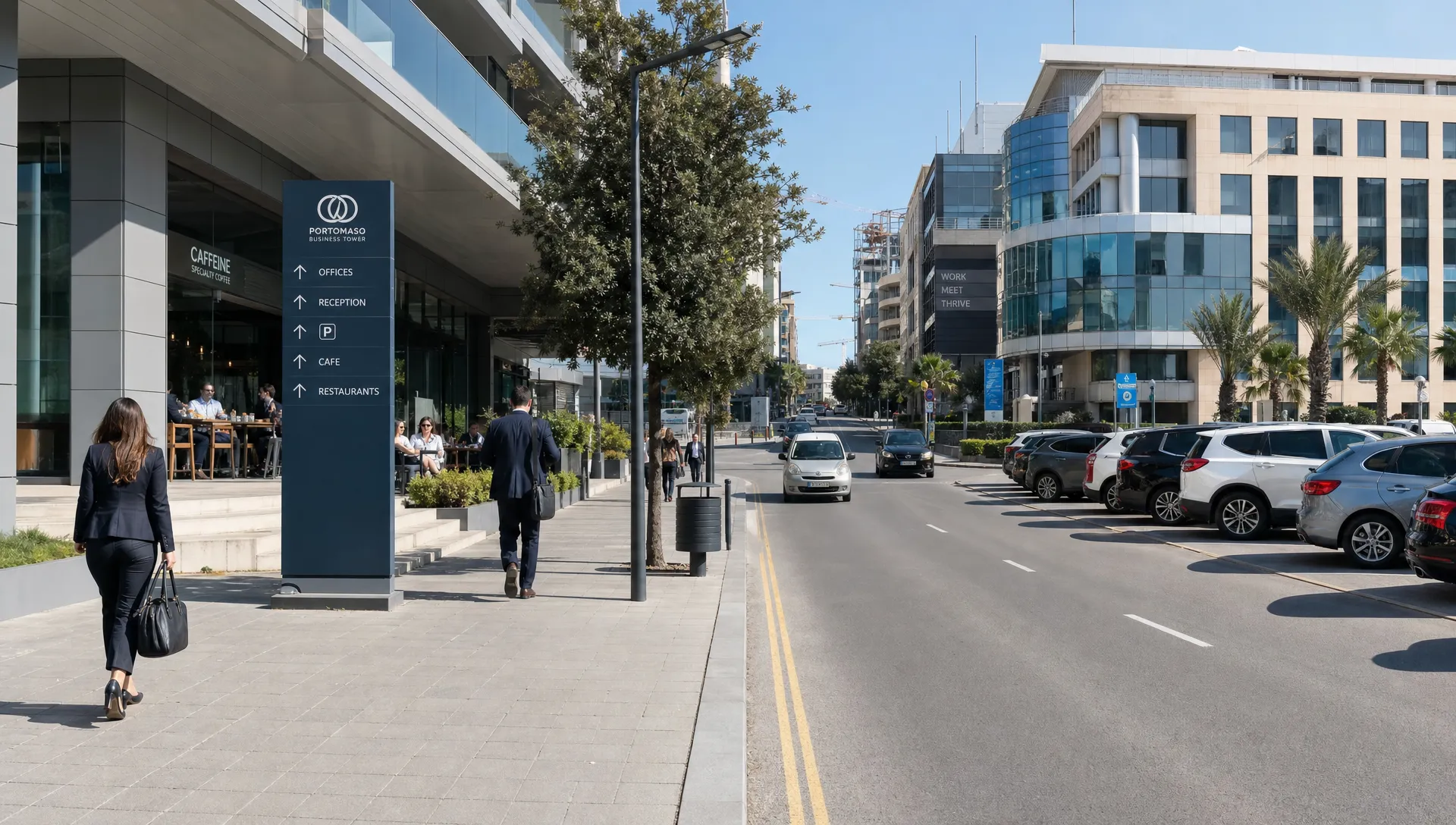A Malta business district street with office buildings, nearby cafes, parking areas and professionals arriving for work, showing how to assess office access and daily convenience.