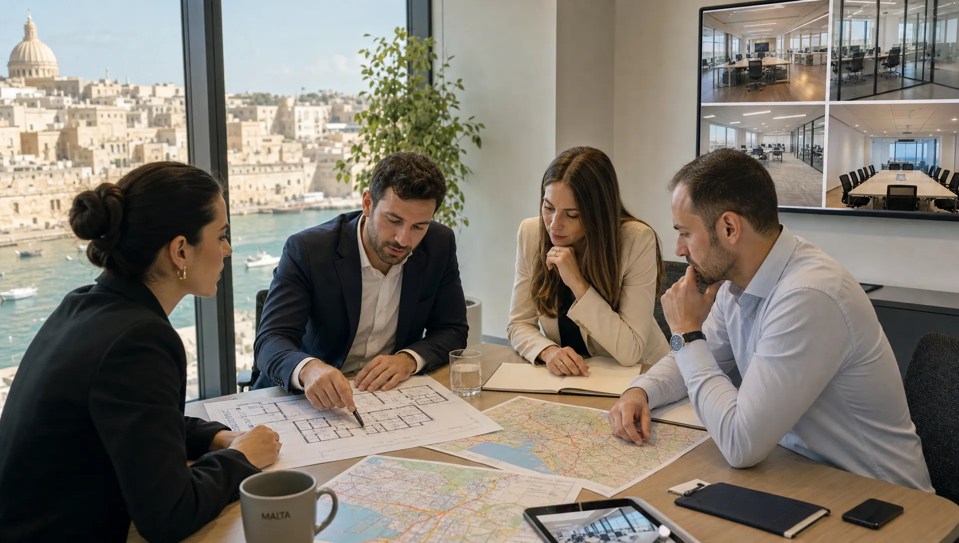 A Malta business team reviews floor plans, commute routes and meeting room needs while deciding whether to rent office space.