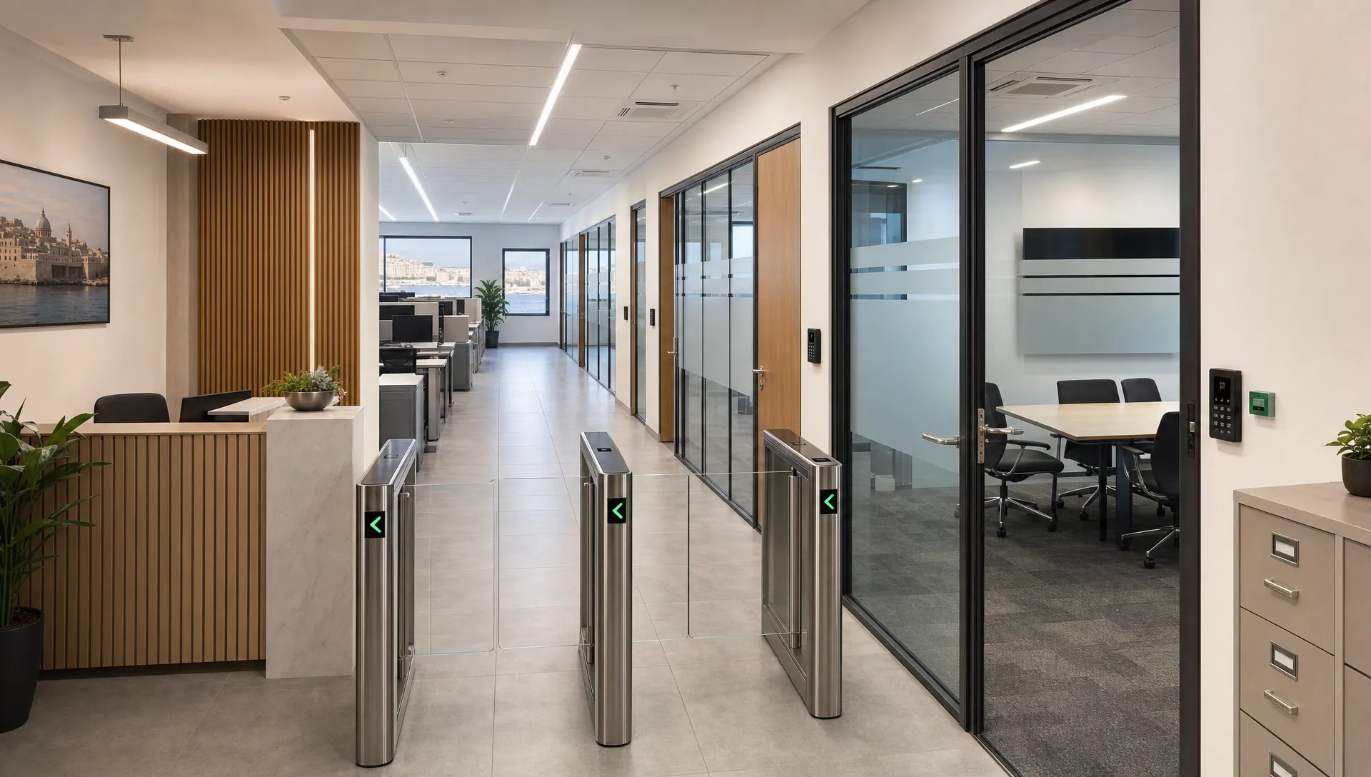A Malta private office suite with glass meeting rooms, lockable doors, reception, workstations, filing cabinets and access control points.